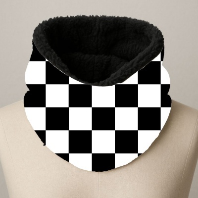 Cachecol gola xadrez preto e branco com interior preto felpudo