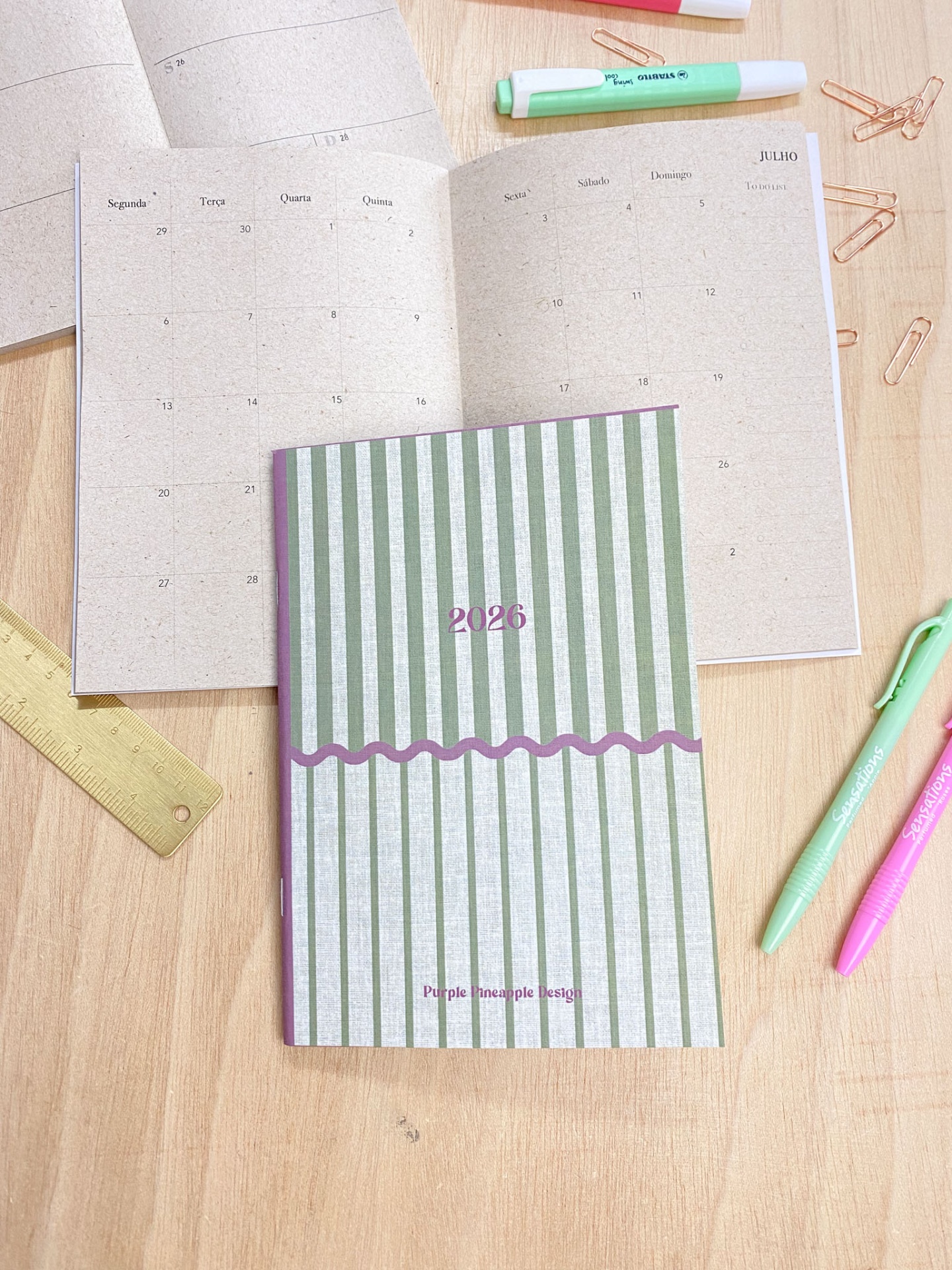 Agenda Mensal 2026 💚 Riscas verde e Malva 💜