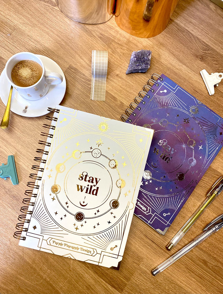 Dois cadernos com tema astrológico, xícara de café, clips e canetas sobre mesa de madeira