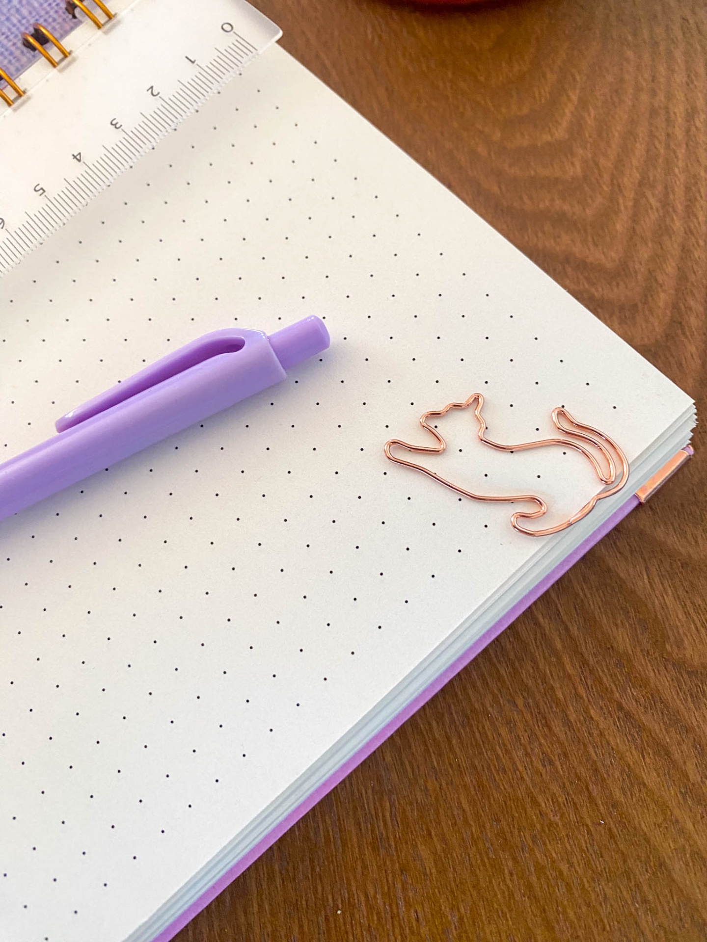 Caderno com folhas pontilhadas, régua transparente, caneta lilás e clipe de papel em forma de gato sobre mesa de madeira