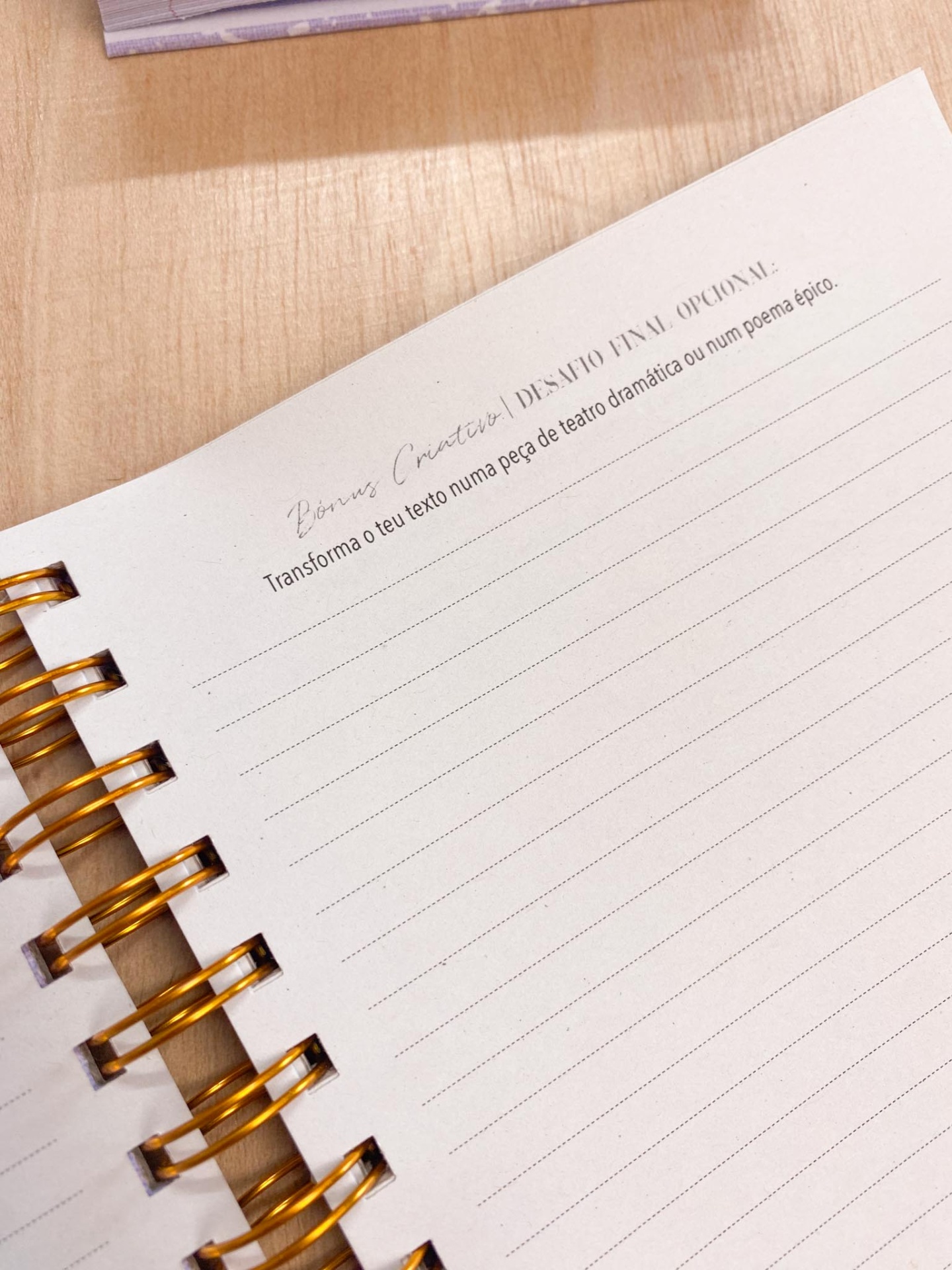 Página de caderno com texto impresso em português e espiral dourada