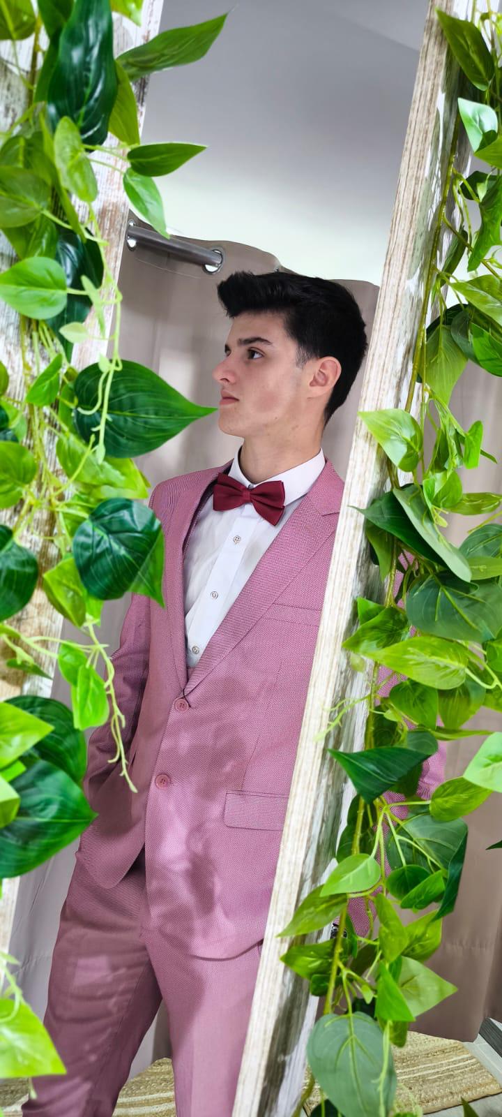 Fato Rosa Ponteado Homem de fato rosa com gravata borboleta vinho visto através de moldura de madeira com folhas verdes.