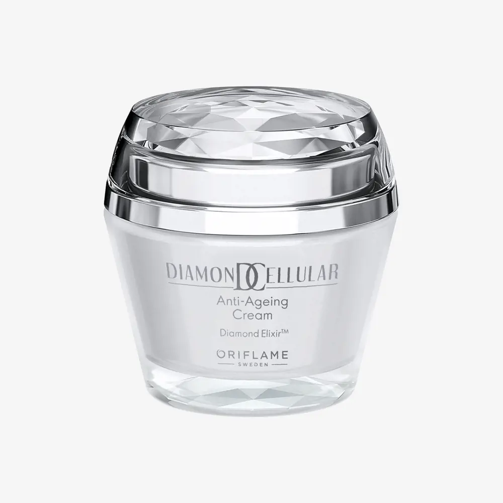 13659 Creme Anti-Idade Diamond Cellular Frasco de creme anti-envelhecimento DiamonCellular da Oriflame com tampa translúcida facetada.