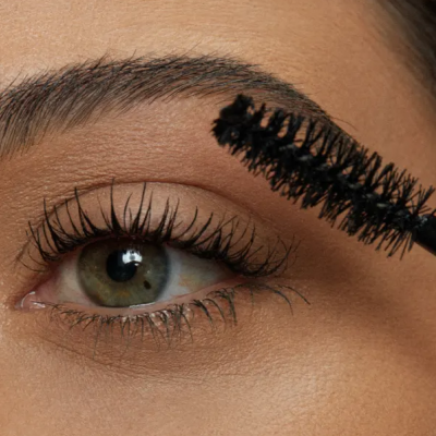 Close-up de um olho com aplicador de máscara de pestanas preta