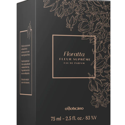 Embalagem preta com desenhos florais dourados e texto dourado de perfume Floratta Fleur Suprême.