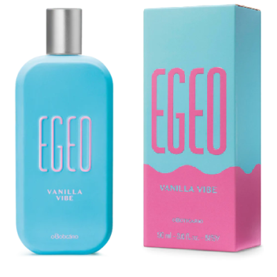Frasco azul claro e caixa azul e rosa da fragrância Egeo Vanilla Vibe