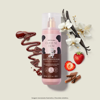 Frasco de body splash chocolate com morango, baunilha e chocolate derretido