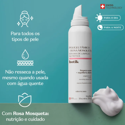 51072 Espuma de Limpeza Nutritiva Ácido Poliglutâmico + Rosa Mosqueta Botik 150ml