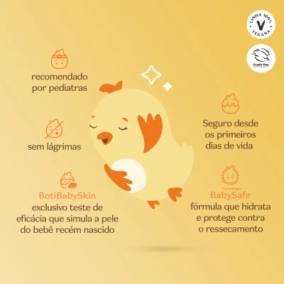 Desenho de pintinho amarelo com texto sobre benefícios de um produto para bebés em fundo amarelo