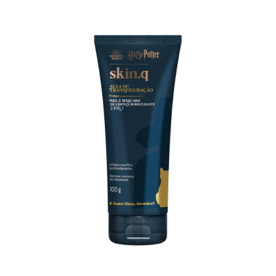 Tubo azul escuro de produto skin.q Harry Potter com texto em dourado e branco