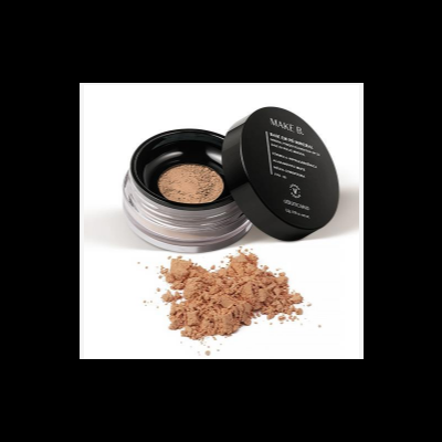 Pó compacto bege claro em embalagem redonda com tampa preta com texto