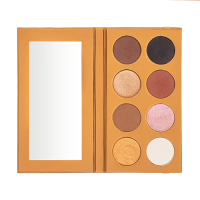 Paleta de sombras com oito cores e espelho numa embalagem alaranjada