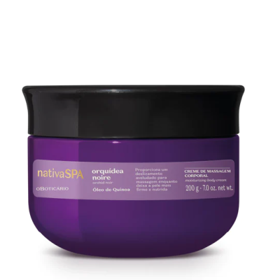 Creme de massagem corporal nativa SPA orquídea noire em embalagem roxa com tampa preta