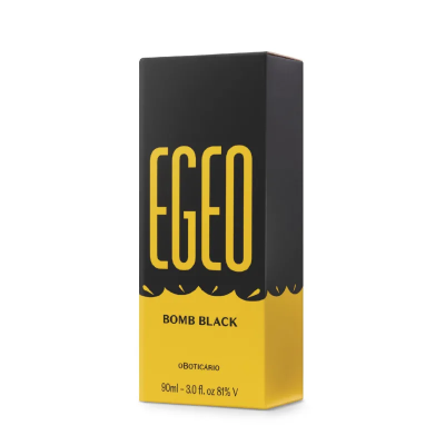 Caixa preta e amarela de perfume EGEO BOMB BLACK de 90 ml da O Boticário