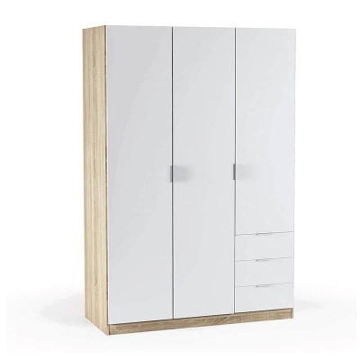 Armário branco com laterais de madeira clara e três gavetas