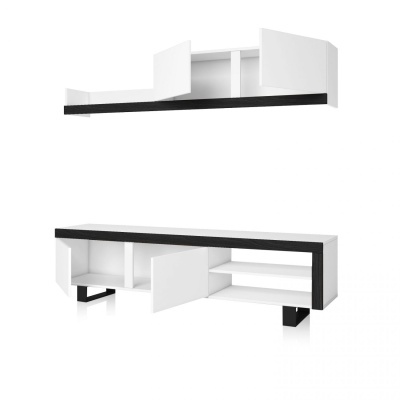 Móvel modular de sala branco com detalhes a preto e portas abertas