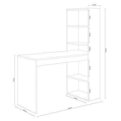 Desenho técnico de secretária com estante e dimensões em cm
