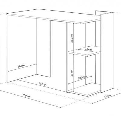 Esquema técnico de secretária branca com medidas em centímetros