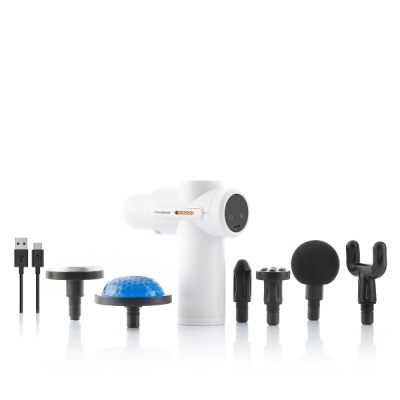 Pistola de massagem muscular branca com acessórios variados