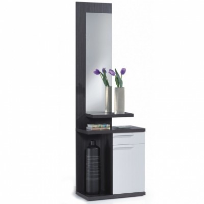 Móvel de entrada em madeira escura com espelho e armário branco