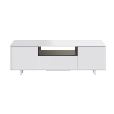 Paragem TV branca com duas portas e espaço aberto no centro