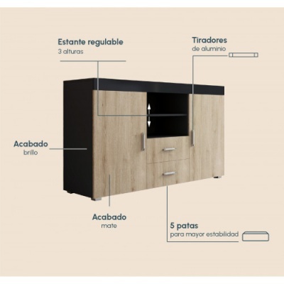 Aparador com prateleira regulável, tiradores de alumínio, acabamento brilho e mate, 5 patas, preto e madeira clara.