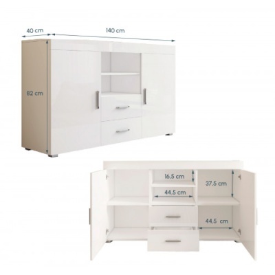 Aparador branco com três portas, dois gavetões e prateleiras com medidas visíveis