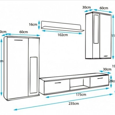 Desenho técnico em preto e branco de conjunto de móveis com dimensões indicadas
