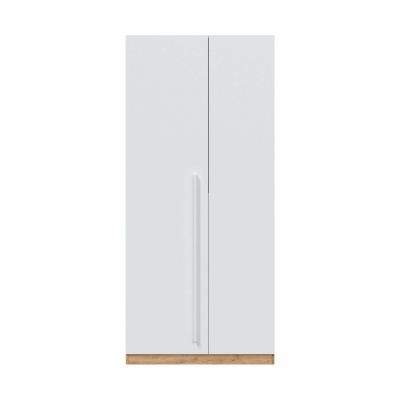 Armário branco com duas portas e base de madeira clara