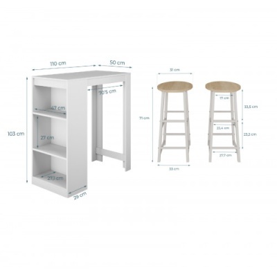 Mesa branca com três prateleiras e duas banquetas com assento em madeira clara