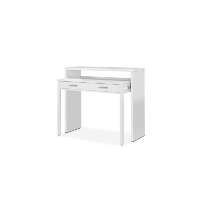 Secretária branca com duas gavetas e compartimento superior aberto