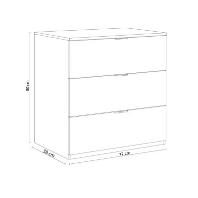 Desenho de cómoda branca com 3 gavetas e medidas indicadas.