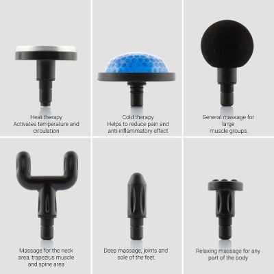 Seis cabeças de massagem de diferentes tipos para pistola de massagem, em fundo branco