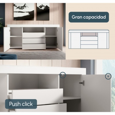 Móvel branco aberto com portas e gavetas em ambiente com parede de madeira e quadros de montanhas