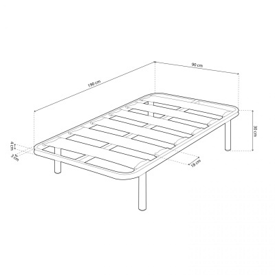 Estrutura de cama metálica com quatro pés e barras transversais, com dimensões indicadas.