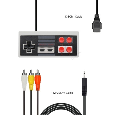 Comando retro com cabo preto e cabo AV com conectores RCA coloridos