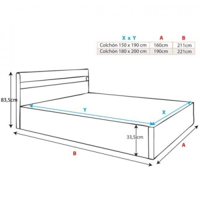 Cama de Casal + Colchão 180x200cm estrado elevatório e luz LED - Disponível em 2 cores e 2 medidas