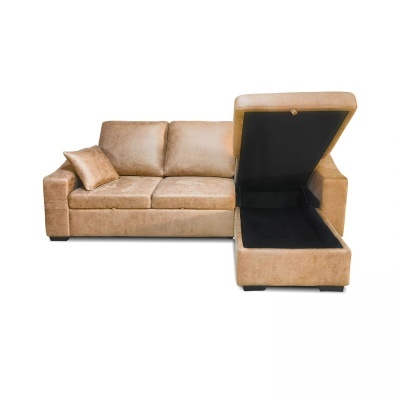 Sofá cama cantoneira castanho com espaço de arrumação aberto sob o assento