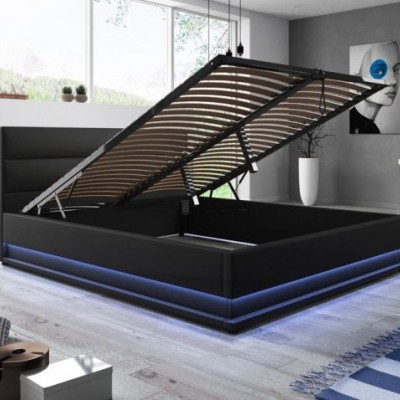 Cama de casal Omnia 150x190cm + Colchão com estrado elevatório e luz LED - Disponível em 2 Cores e 3 Medidas