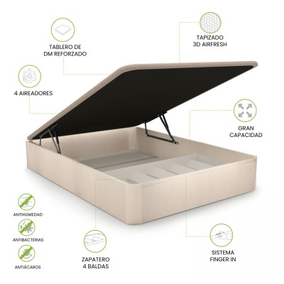 Cama caixa bege com abertura superior e compartimentos internos