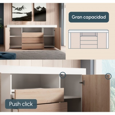 Móvel de arrumação branco e madeira clara com gavetas e portas abertas