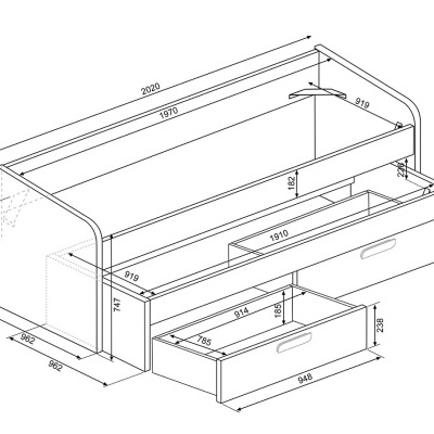 Desenho técnico de cama com gavetas e medidas em milímetros