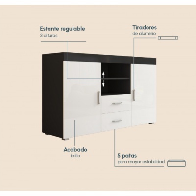 Móvel preto e branco com portas, gavetas, prateleira regulável e puxadores de alumínio