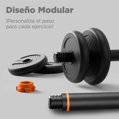 Conjunto modular de halteres com discos pretos e presilha laranja