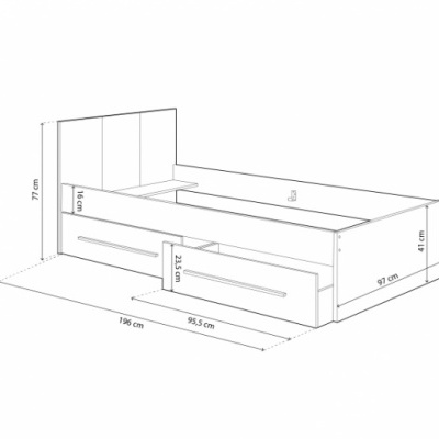 Cama individual branca com gaveta e cabeceira, vista com medidas em centímetros.