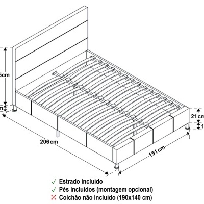 Cama de Casal Confort com estrado incluído - Disponível em 2 medidas e 2 cores