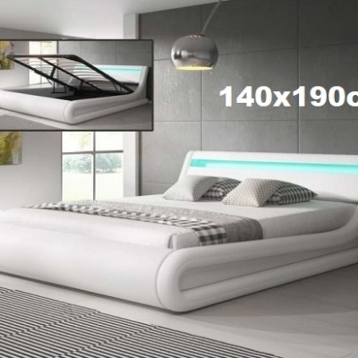 Cama branca estofada moderna com luz LED azul e arrumação interior