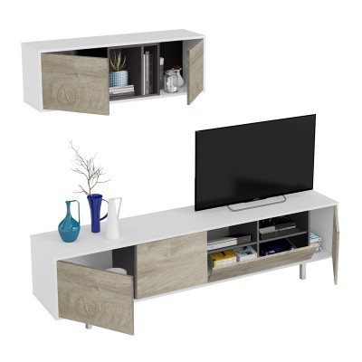 Móveis para sala em MDF branco com portas de madeira cinza e superfície lisa