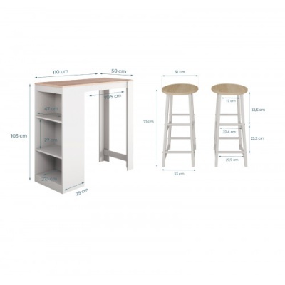 Móvel de cozinha branco com tampo de madeira clara e duas cadeiras altas com assento redondo de madeira clara