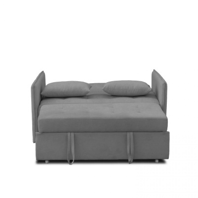 Sofá-cama cinzento com encostos laterais e duas almofadas